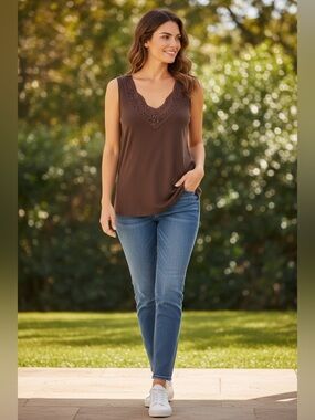 L.A. Blues Brown V-Neck Lace Trim Tank